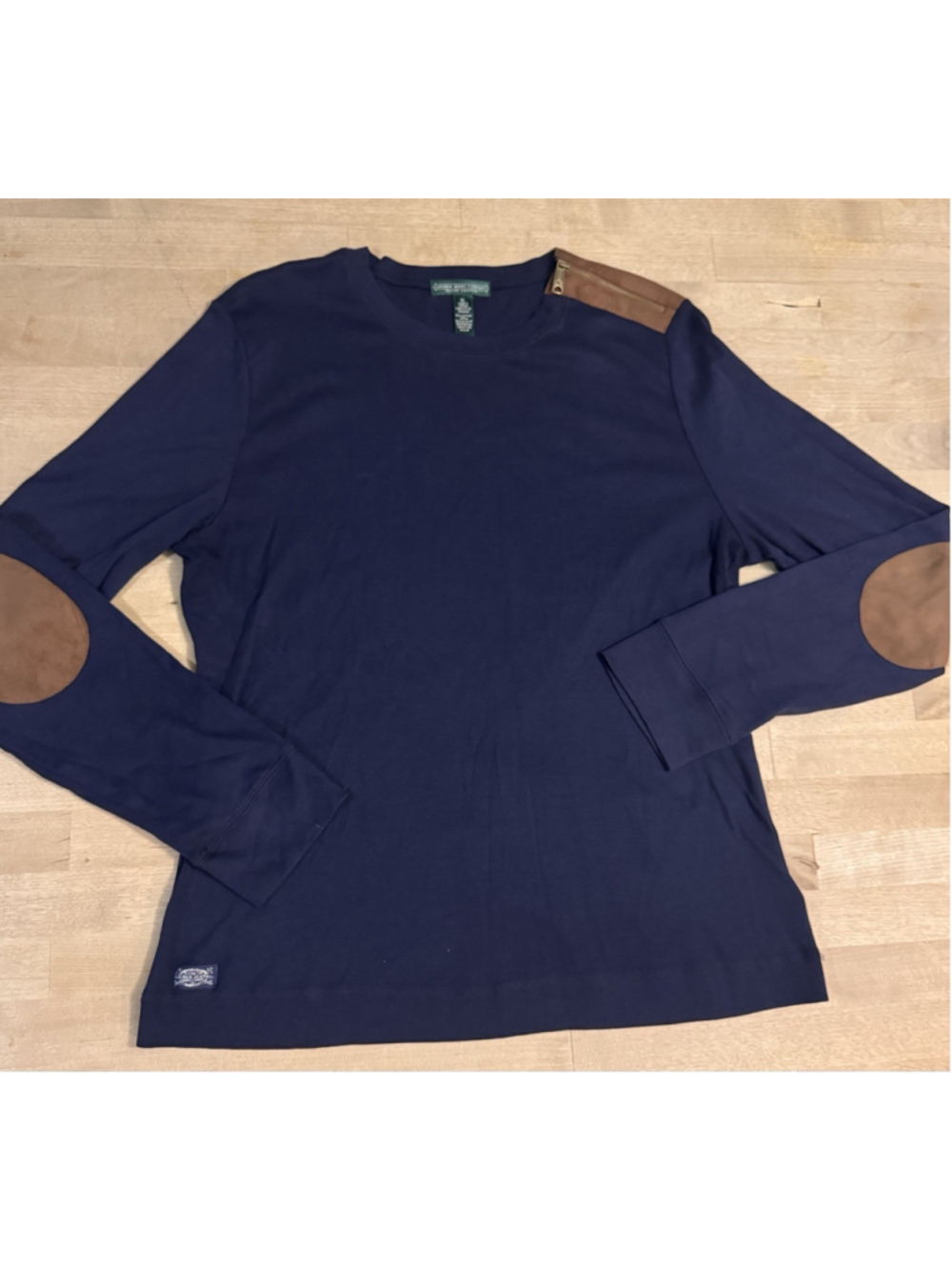 Lauren Ralph Lauren Navy Blue Long Sleeve Top Suede Patches Zipper Details XL